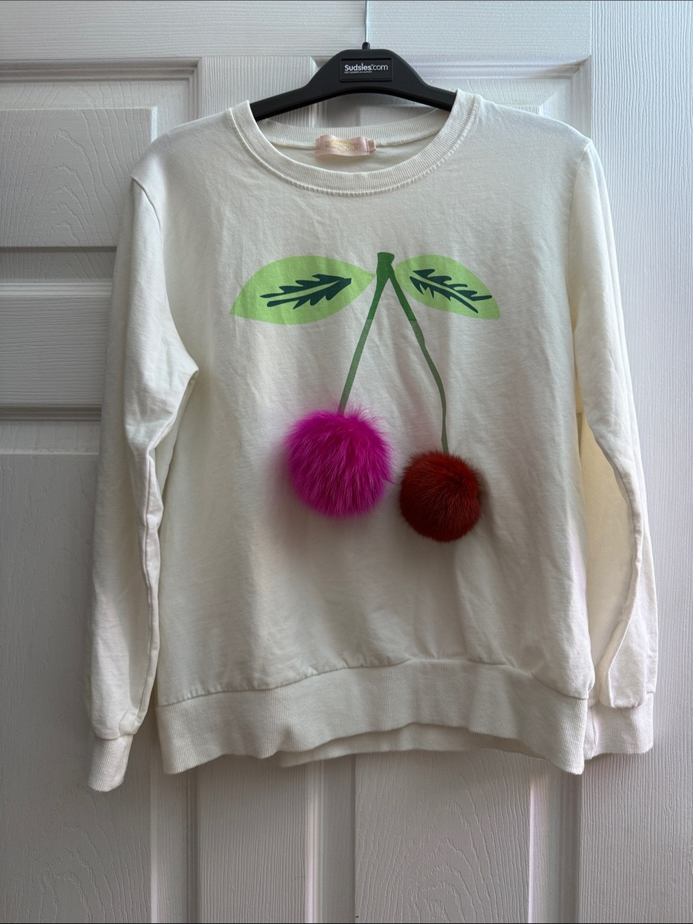 Women's Cream Sweatshirt with Pink and Red Pom-Pom Cherry Accent
